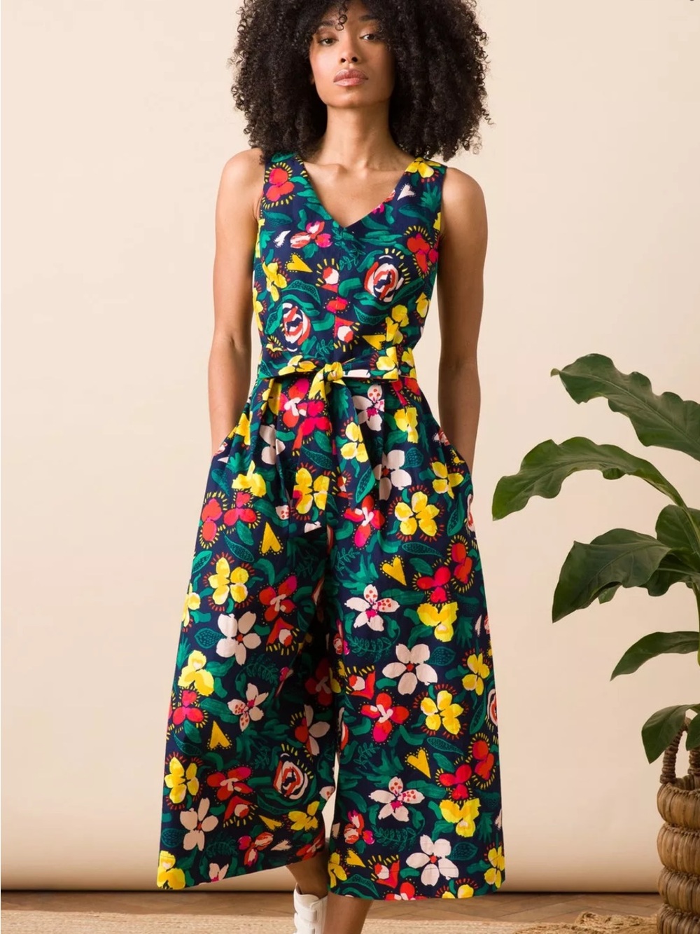 Emily & Fin UK Floral V-Neck Jumpsuit in Deep Navy w/ Pockets